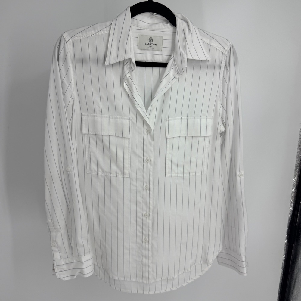 Babaton Aritzia Pinstripe Utility Shirt White Blue Roll Tab Sleeve 2XS Preppy
